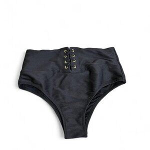 Black high-waisted swim bottoms with lace-up detail #gothswimwear #highwaistedsw